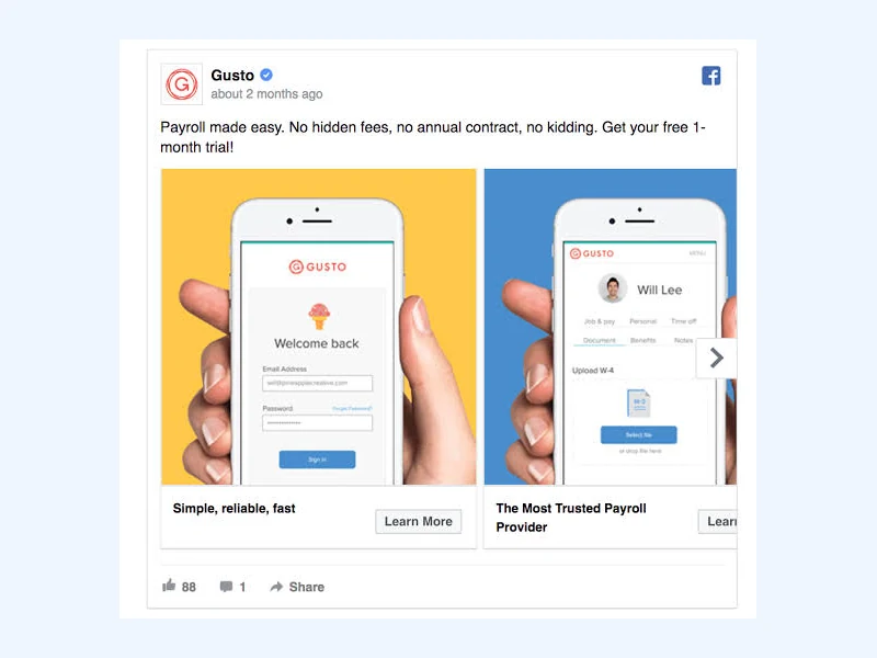 Facebook 应用推广广告展示示例